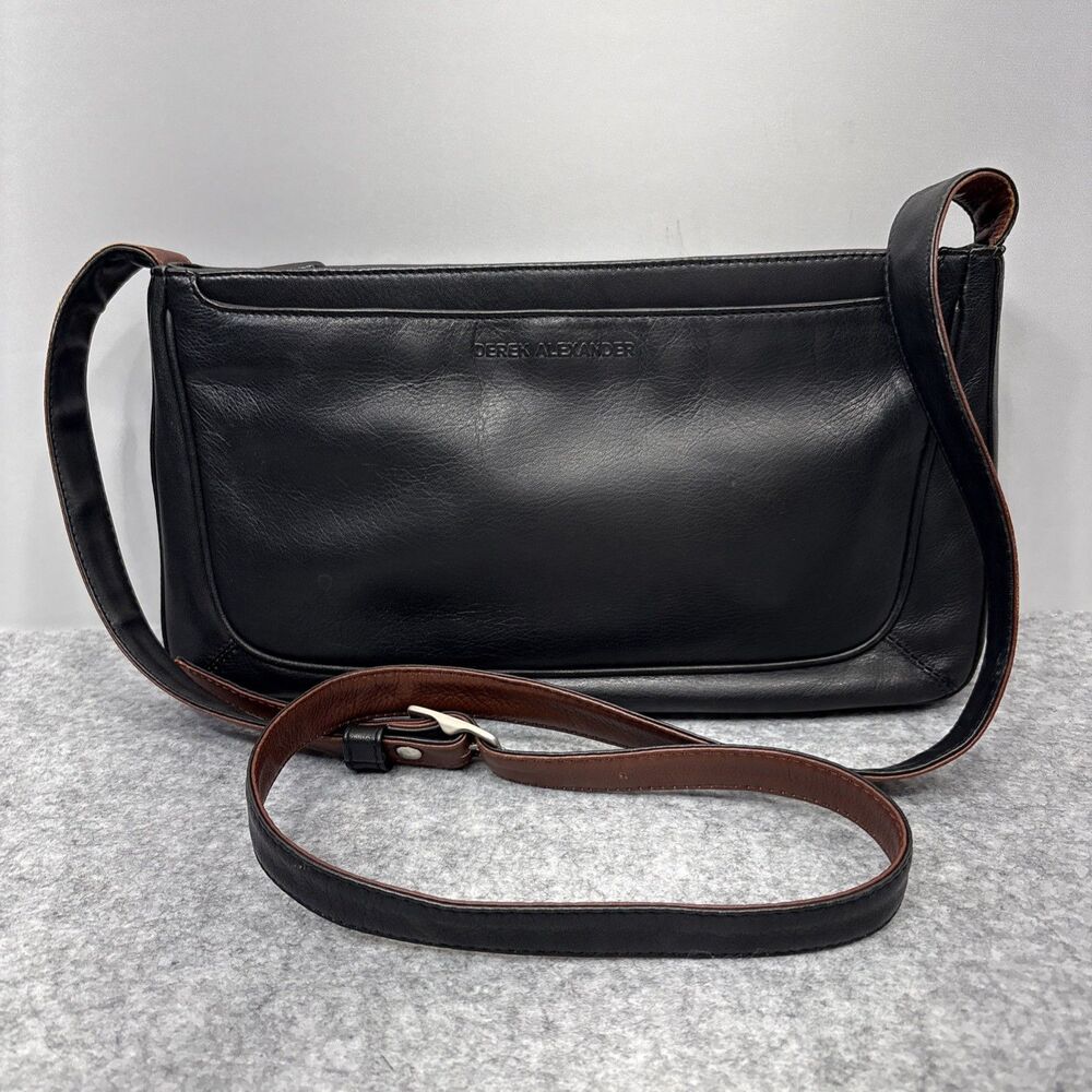 Derek Alexander Black Leather Crossbody Bag Organizer Multi Pocket Travel Purse
